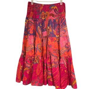 Lauren Ralph Lauren 100% Linen Pink Paisley Tiered Ruffle Midi Skirt - Small